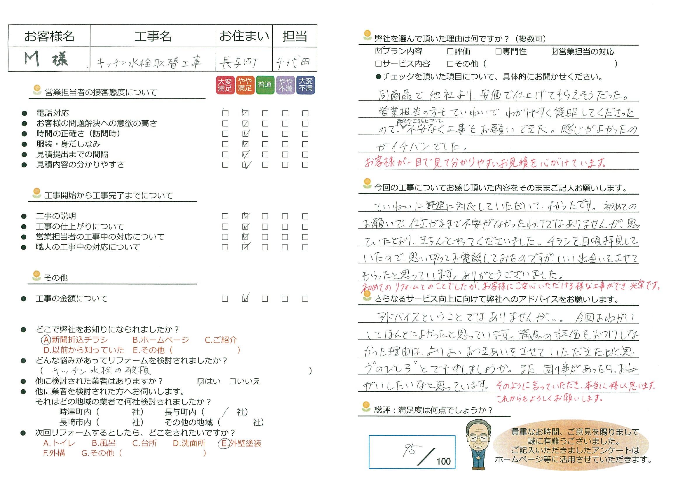 長与町　M様邸　ｷｯﾁﾝ水栓取替工事