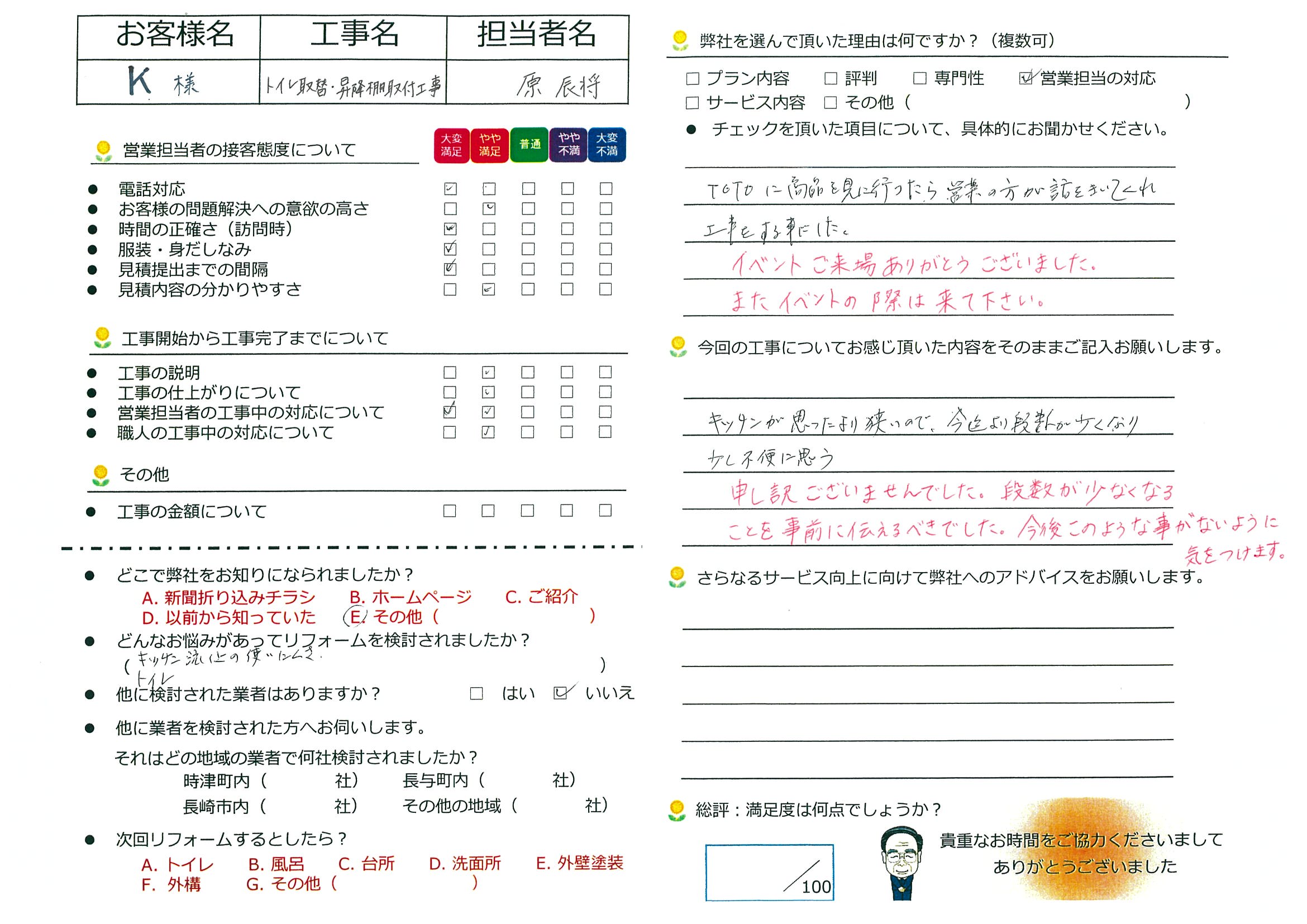長与町　K様邸　トイレ取替・昇降棚取付工事