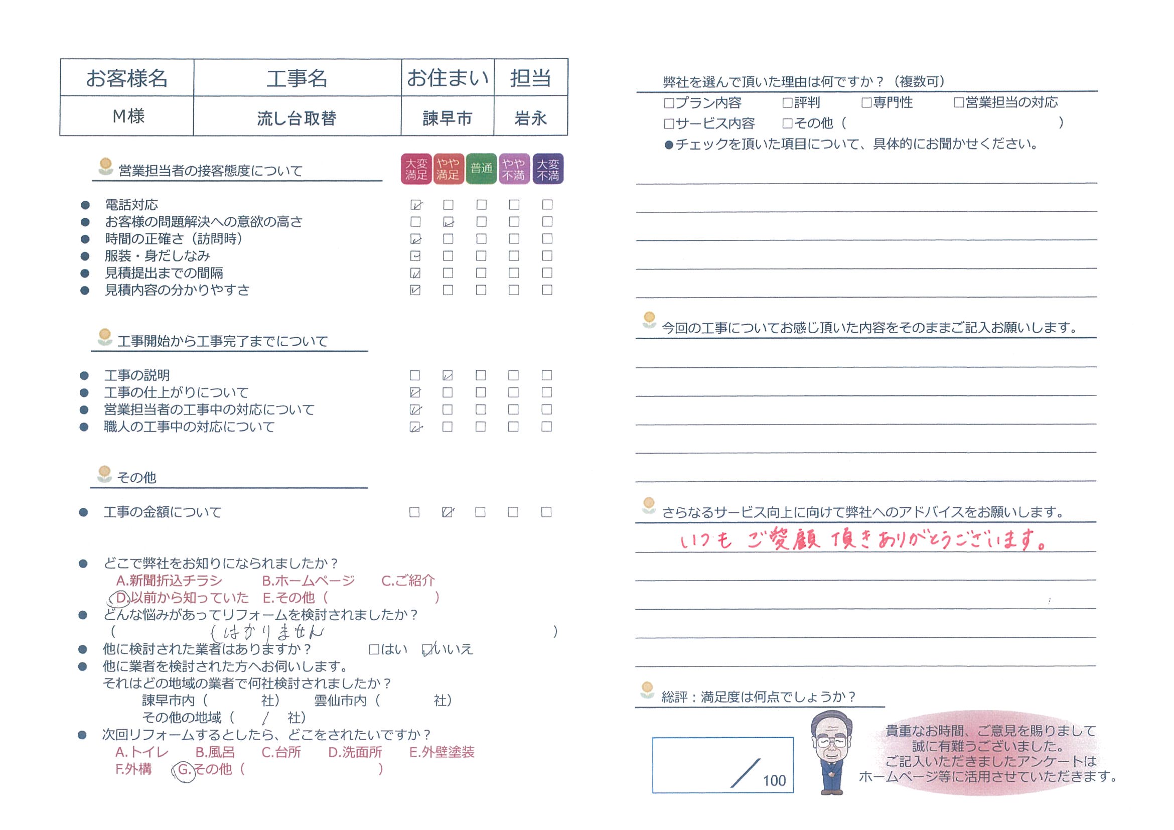 諫早市　Ｍ様邸　流し台取替