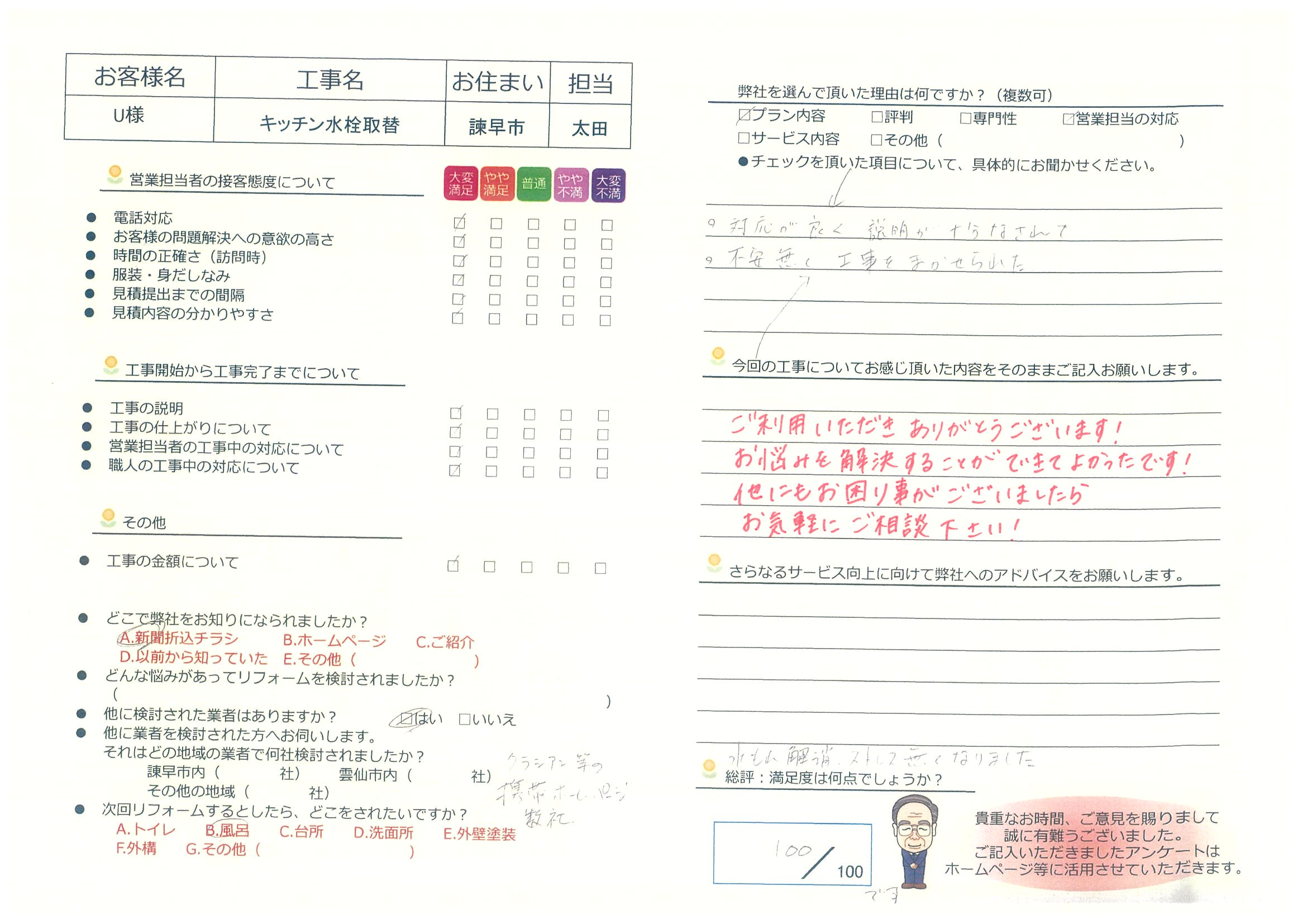 諌早市　Ｕ様邸　キッチン水栓取替