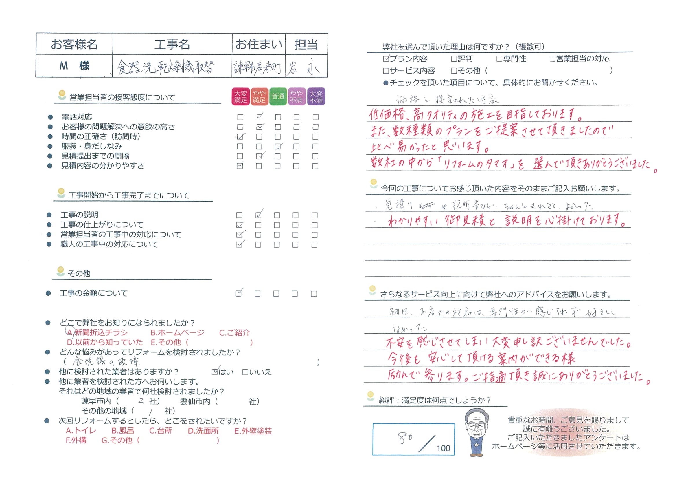 諫早市高来町　M様邸　食器洗乾燥機取替