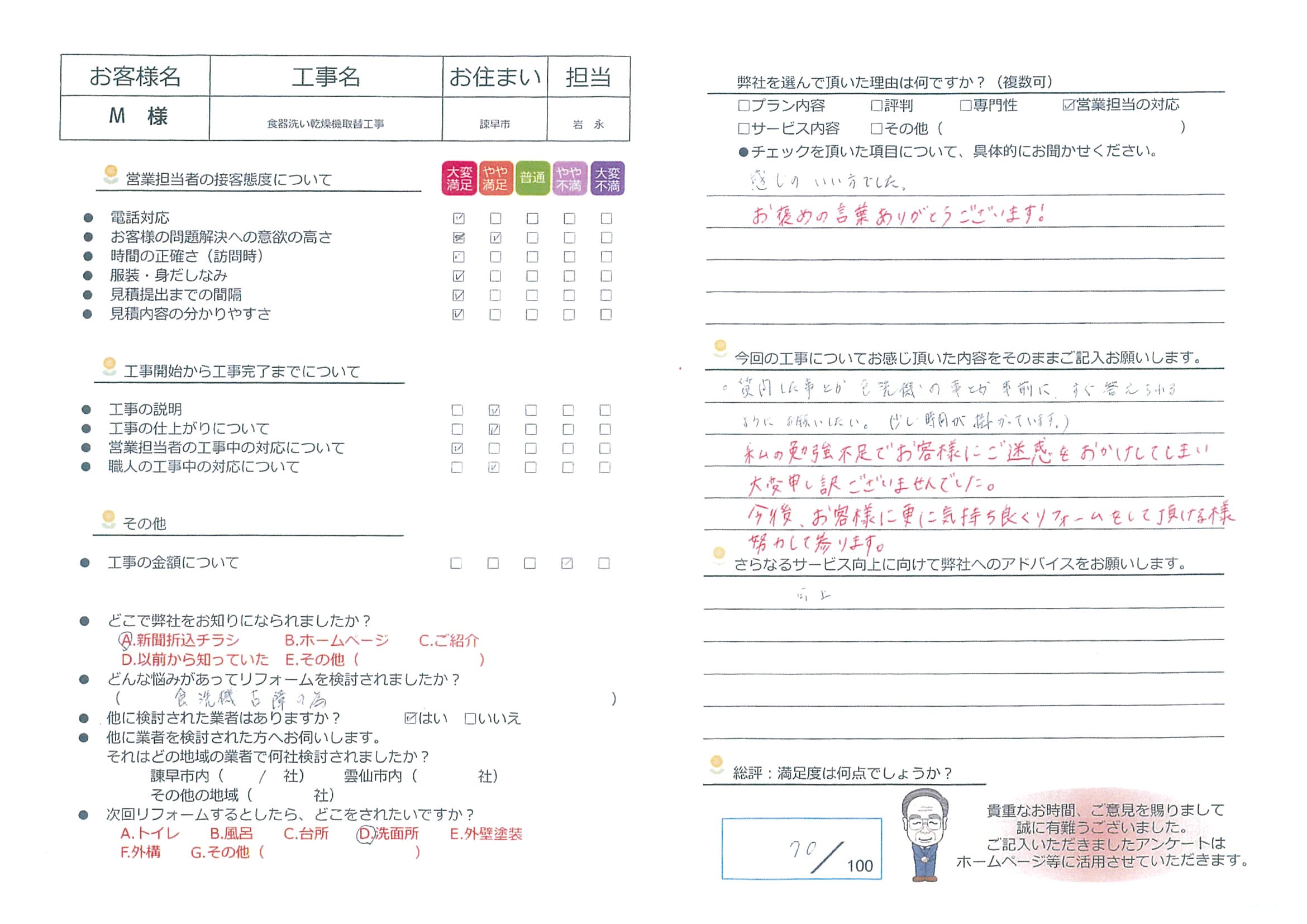 諫早市　M様邸　食器洗い乾燥機取替工事