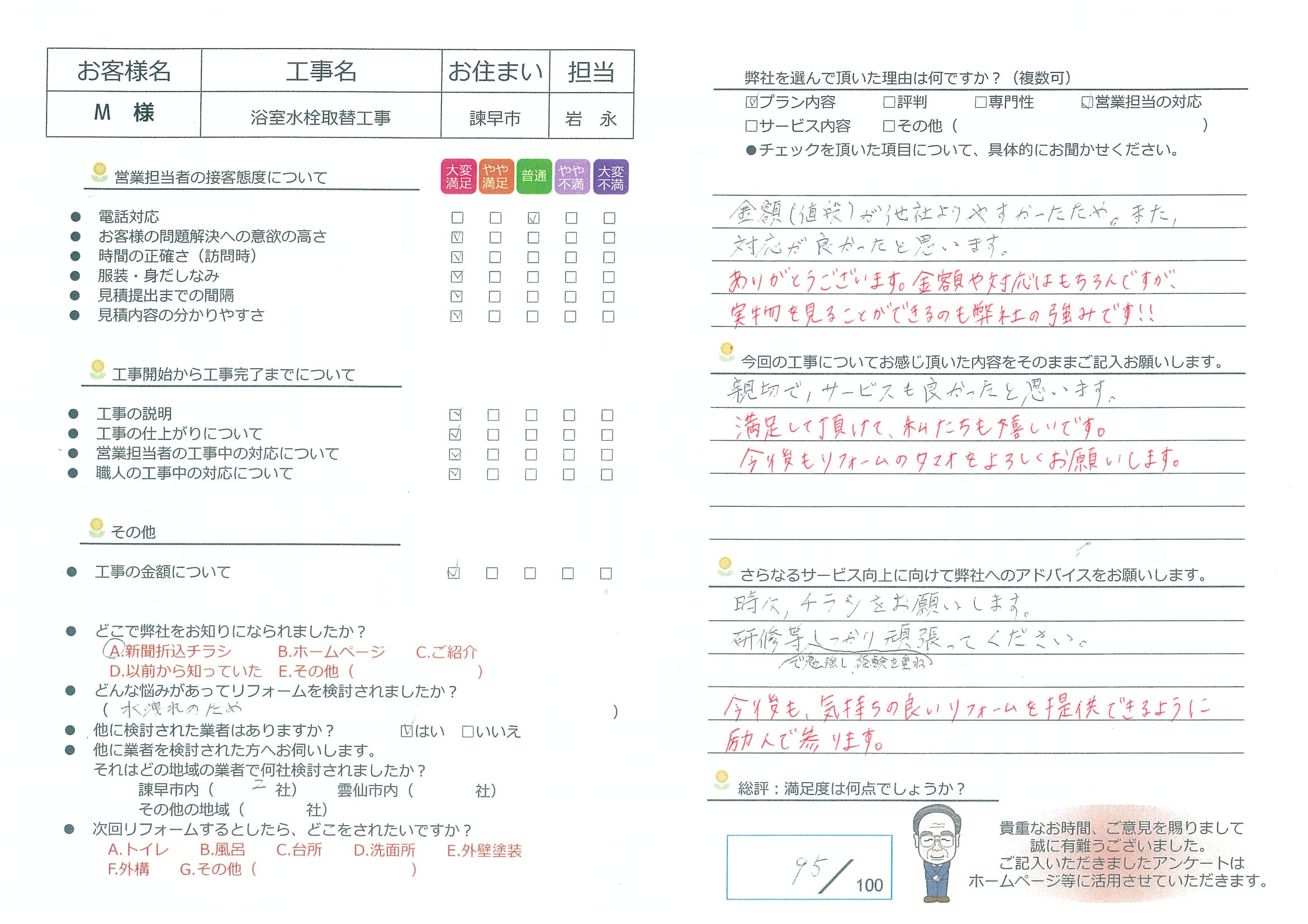 諫早市　M様邸　浴室水栓取替工事