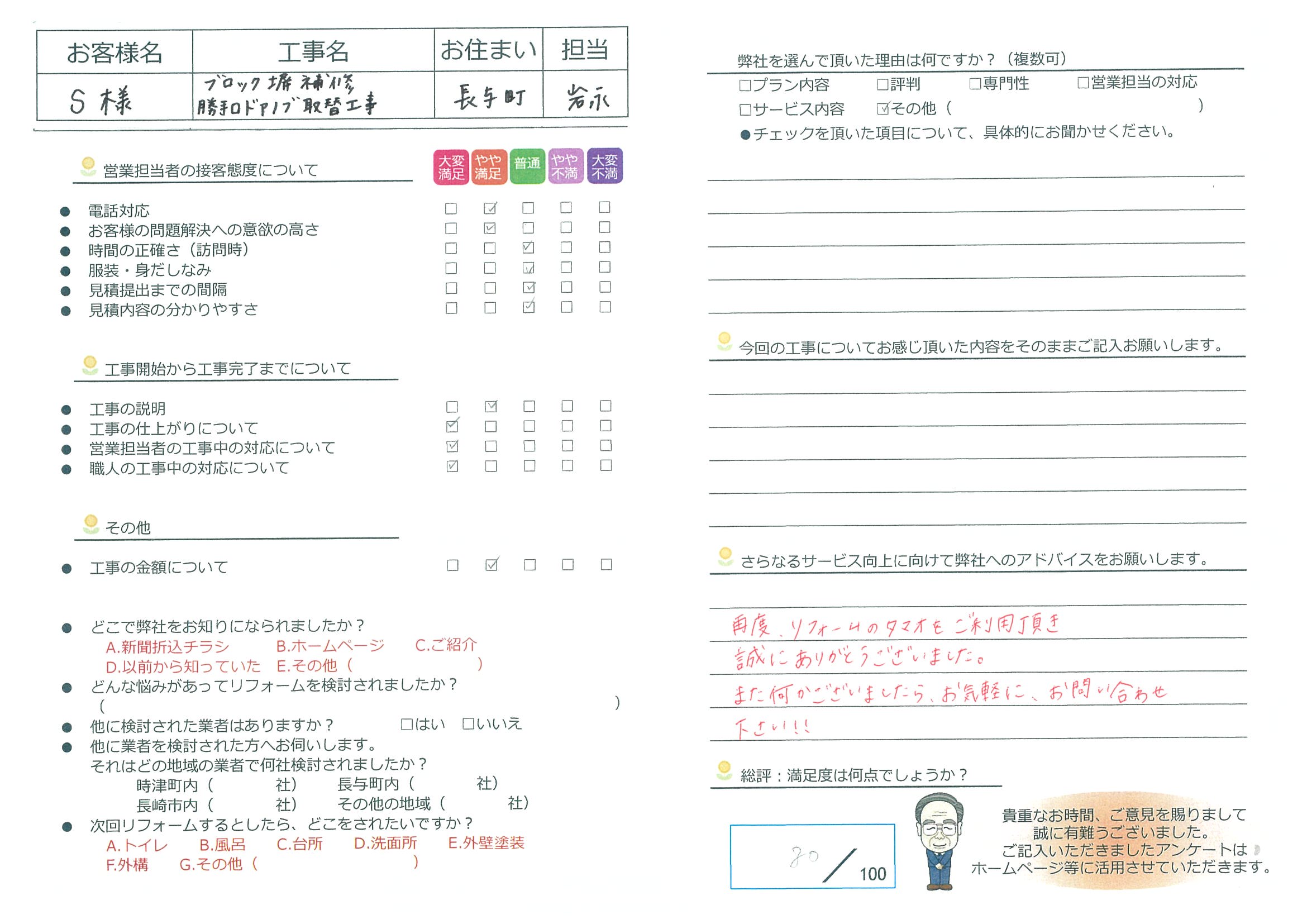 長与町　S様邸　ブロック塀補修 勝手口ドアノブ取替工事