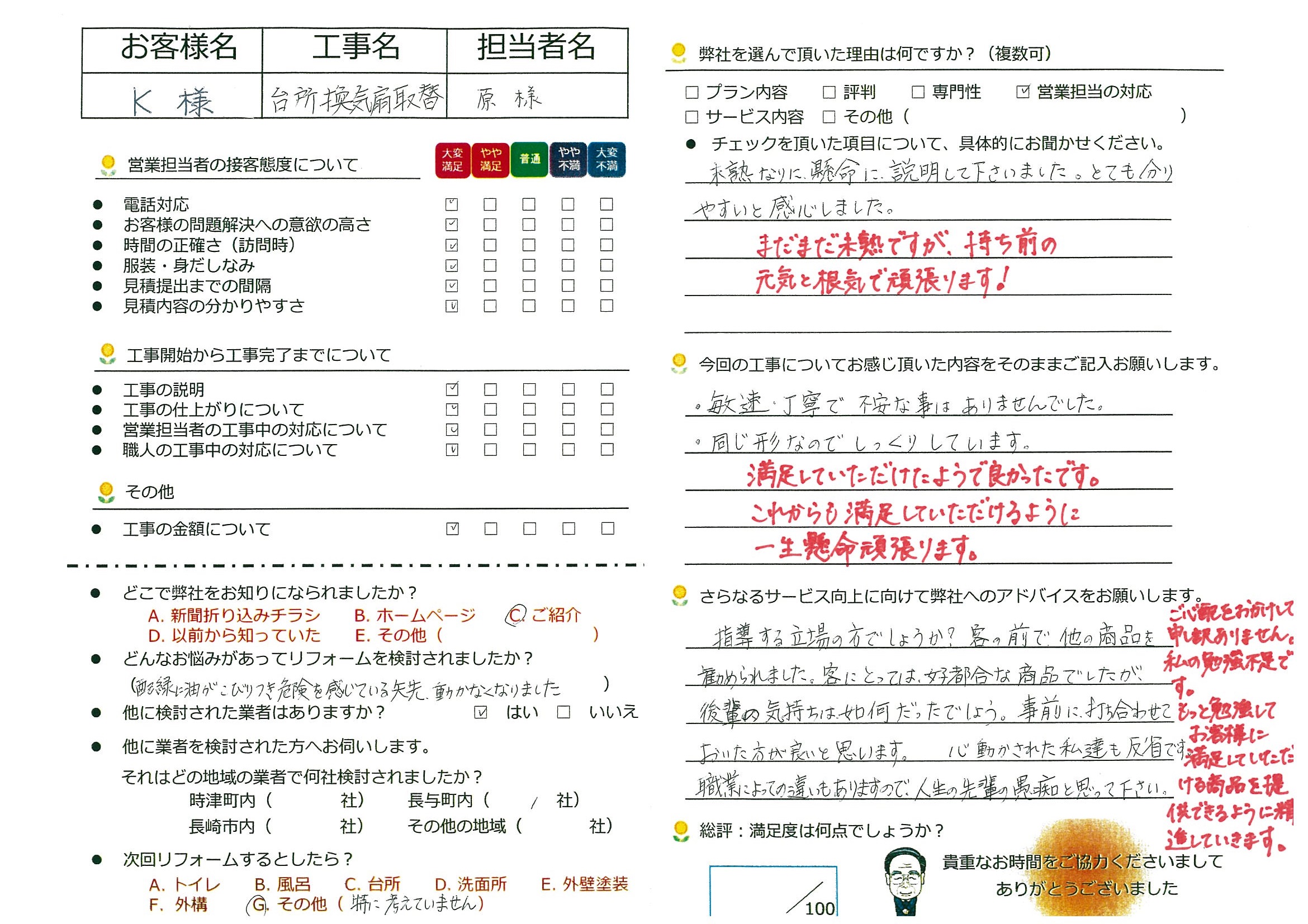 長崎市　Ｋ様邸　台所換気扇取替