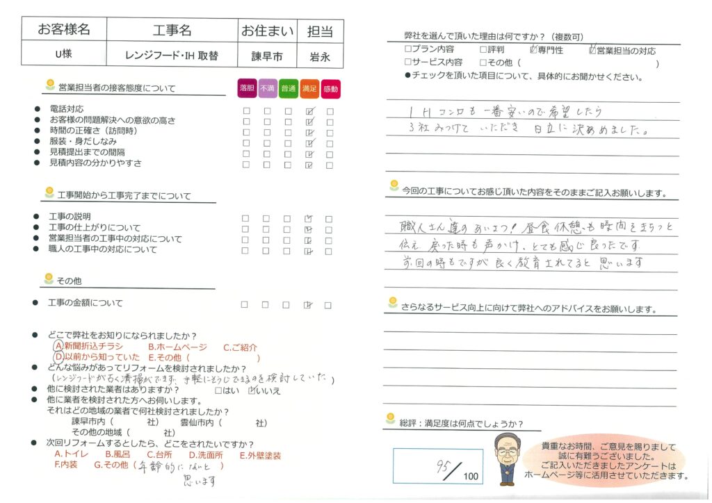 諫早市　Ｕ様邸　レンジフード・ＩＨ取替