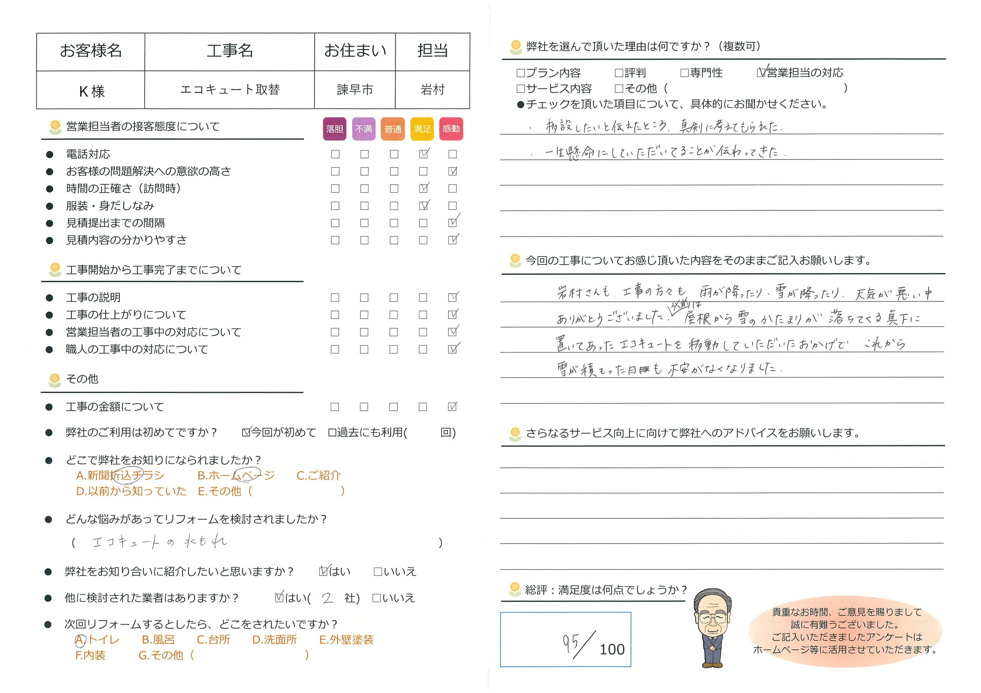 諫早市　Ｋ様邸　エコキュート取替