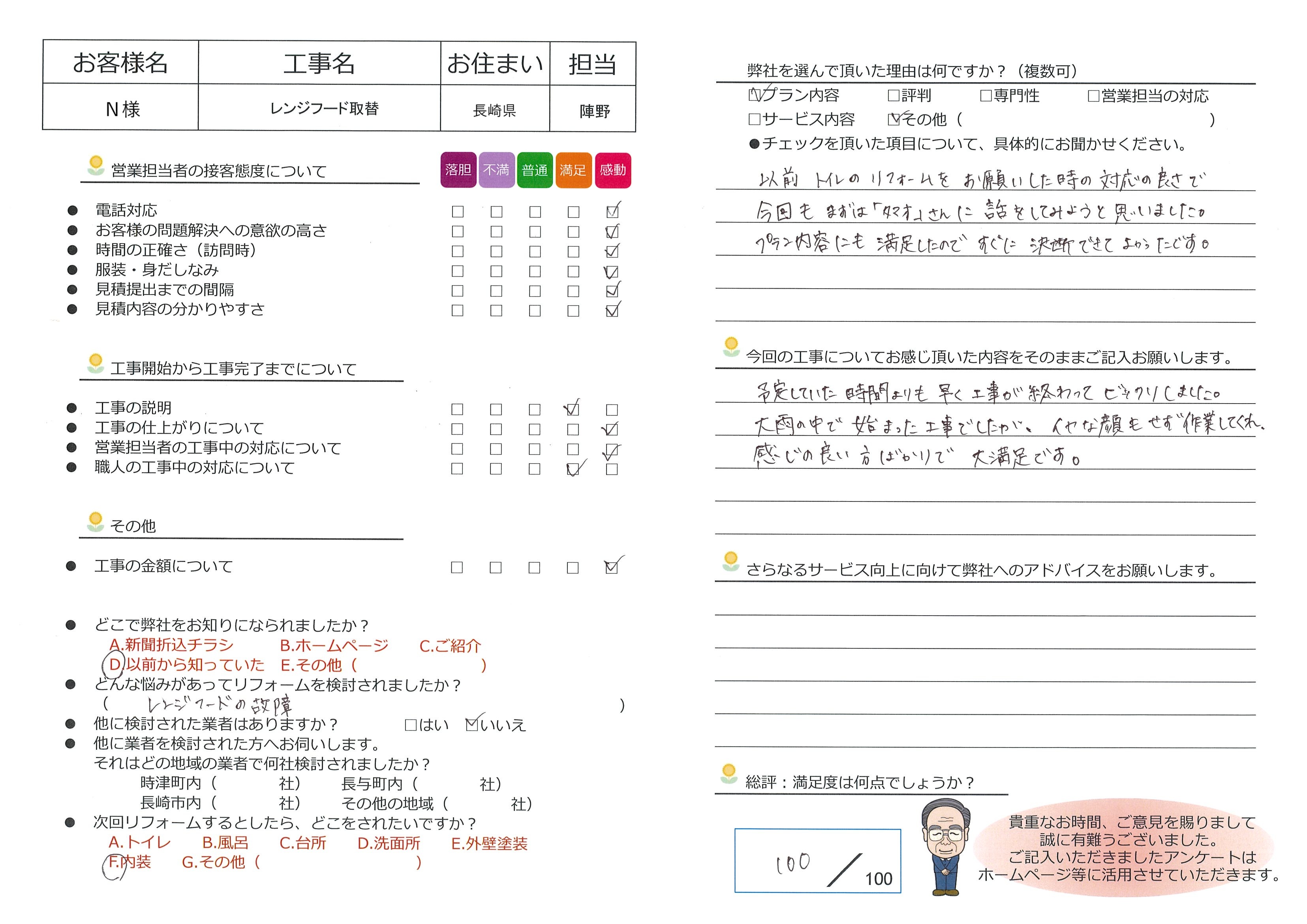 長崎県　Ｎ様邸　レンジフード取替