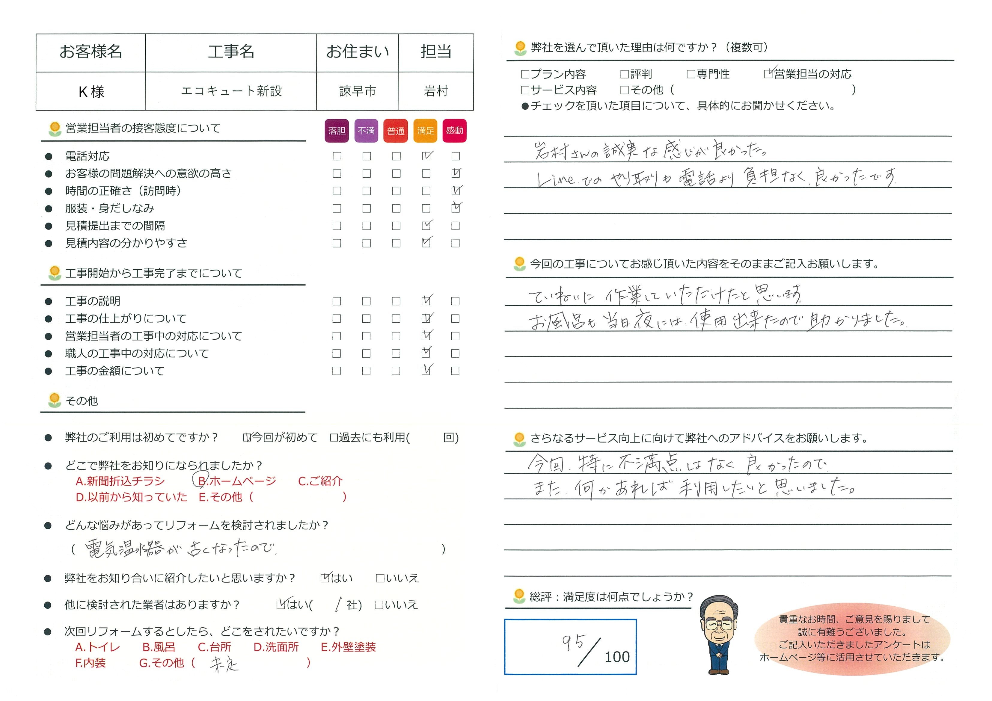 諫早市　Ｋ様邸　エコキュート新設