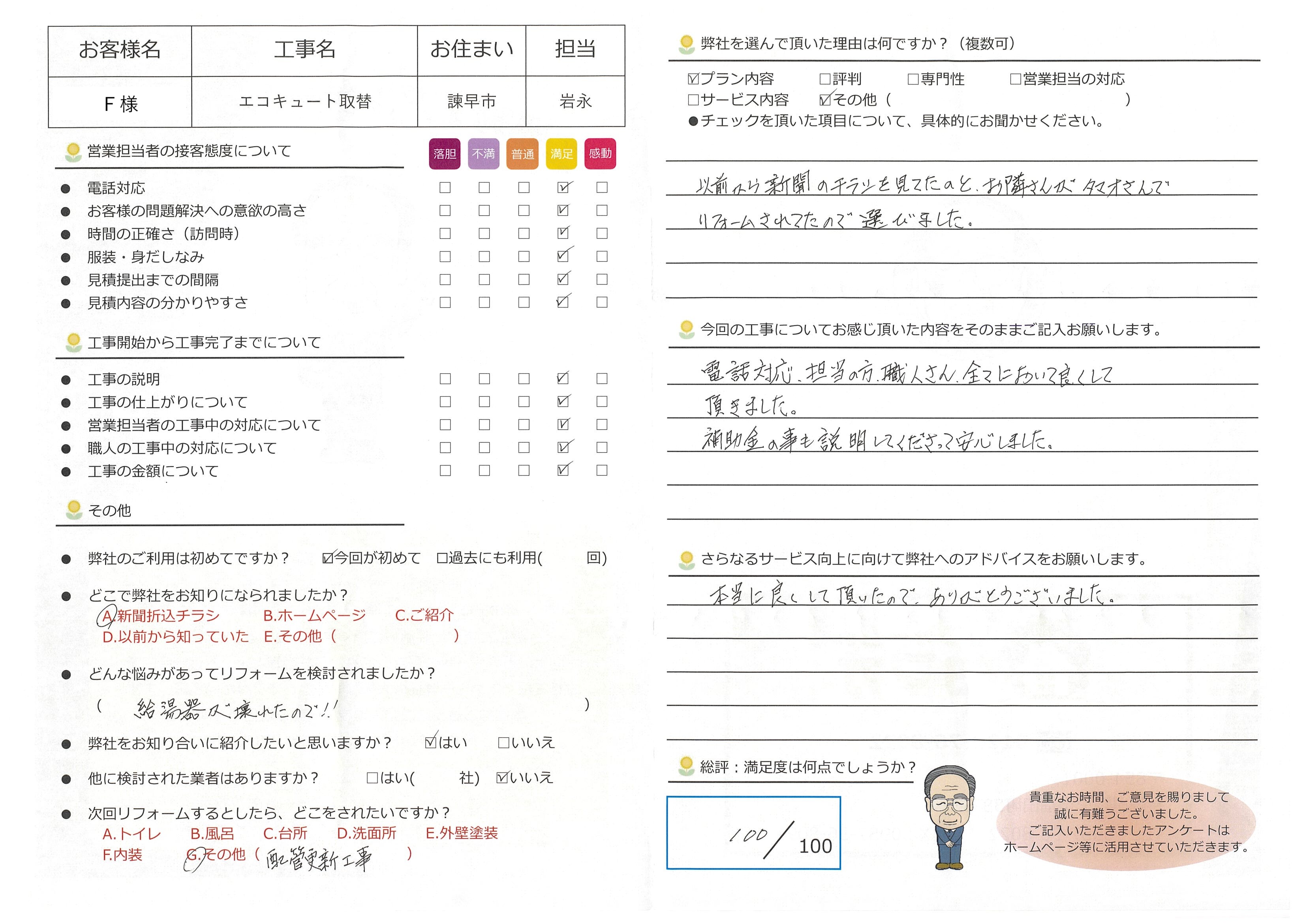 諫早市　Ｆ様邸　エコキュート取替