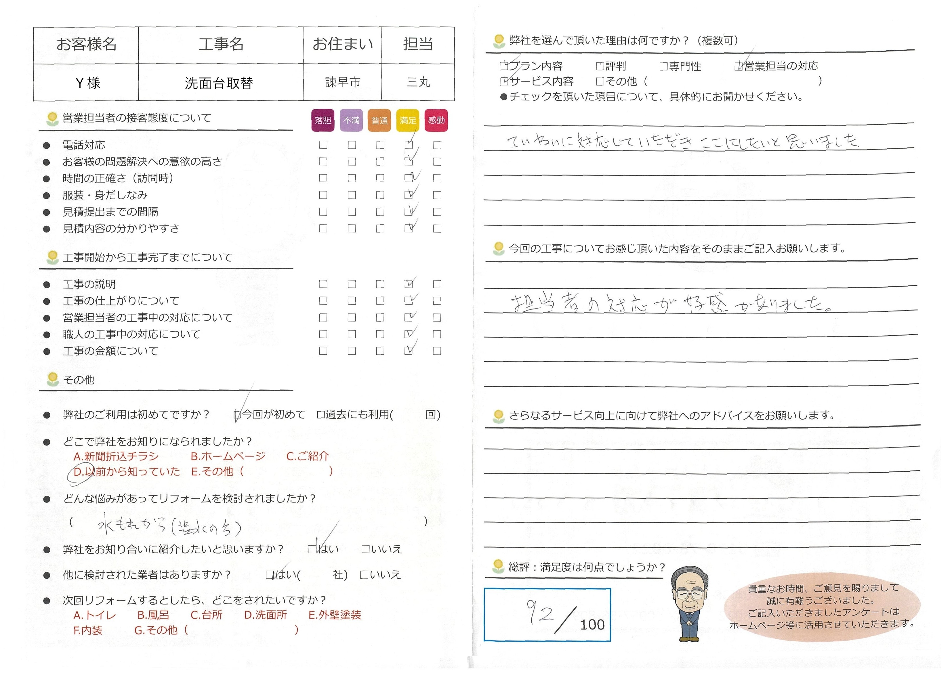 諫早市　Ｙ様邸　洗面台リフォーム