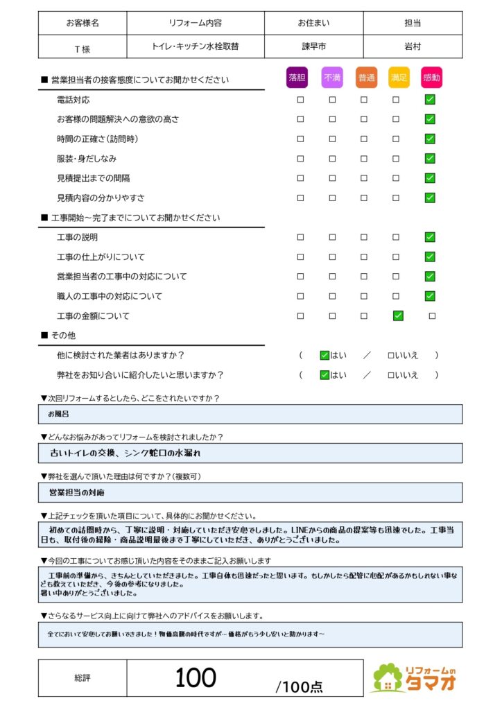諫早市　Ｔ様　トイレ・キッチン水栓取替